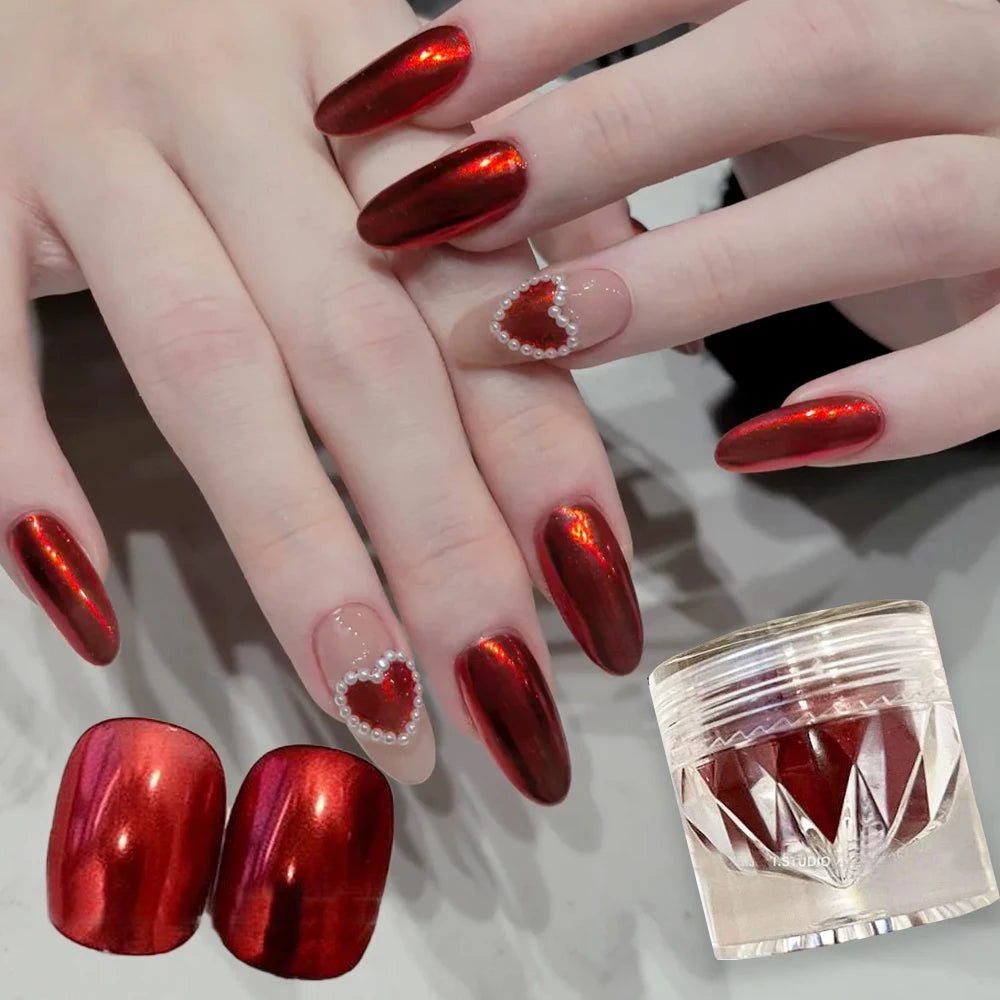 1 Jar Mirror Red Chrome Nail Glitters Powder Metallic Effect Pigment New Year Series Rubbing Dust Valentine Manicure Decor Flash