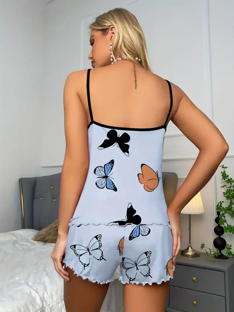 MMAlto Women's Butterfly Print Pajama Set – Lettuce Trim Cami Top & Shorts Sleepwear