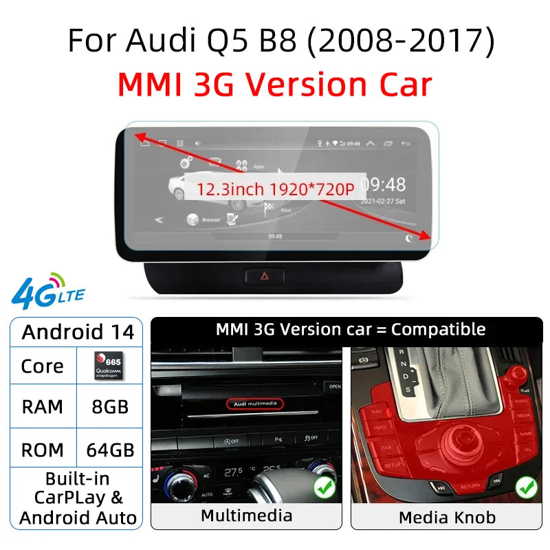 12.3 Android 14 System Car Radio Stereo For Audi Q5 8R 2008-2017 WiFi 4G LTE 8+128GB CarPlay BT IPS Touch Screen GPS