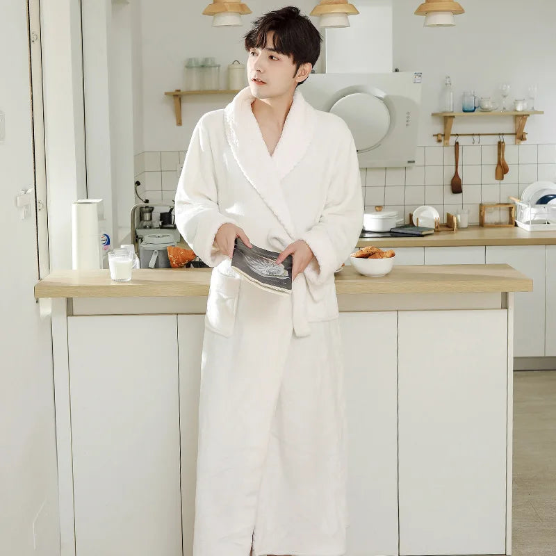 Couples Flannel Robe, Long Warm Fleece Bathrobe for Men and Women