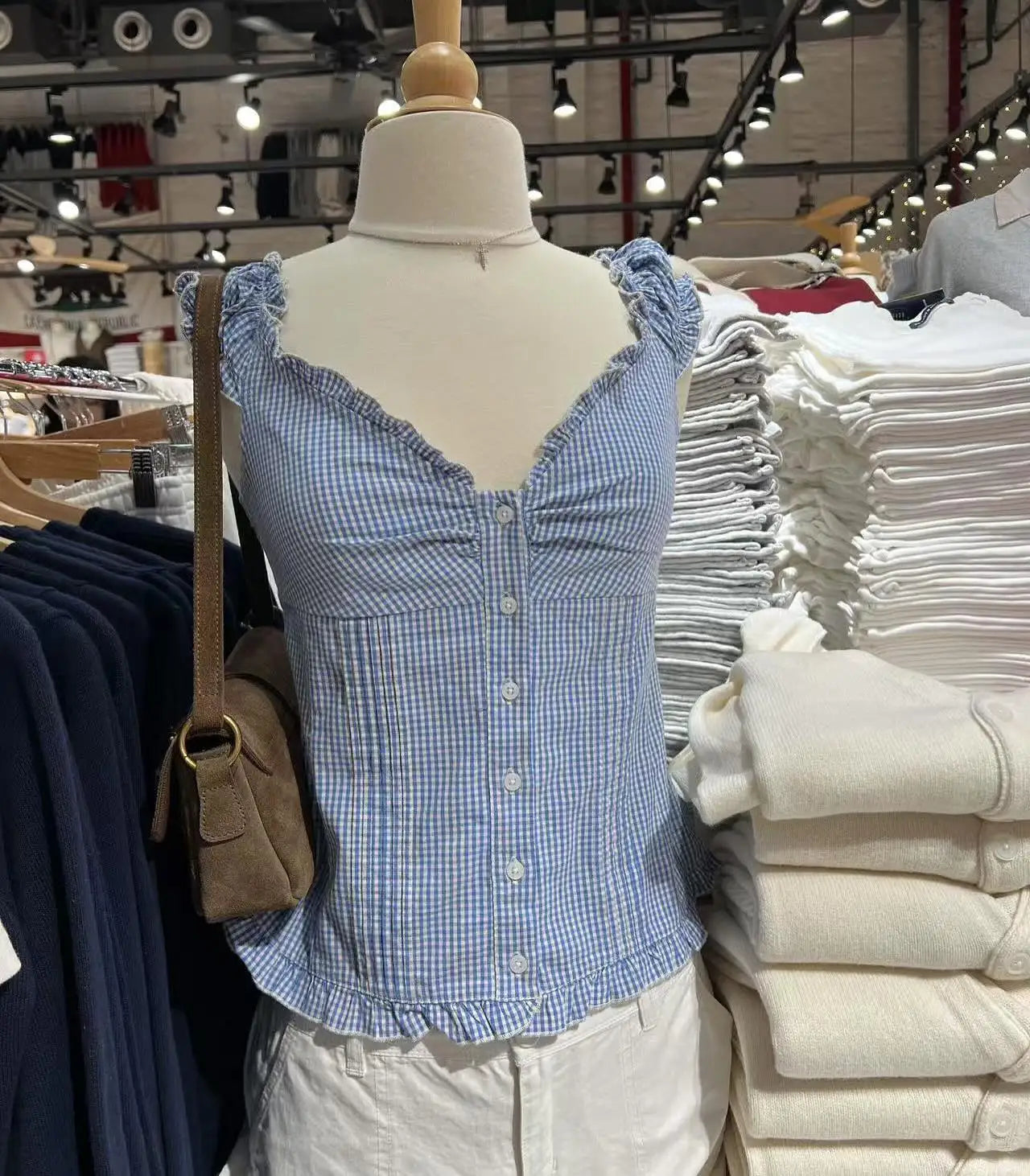 Blue Plaid Fungus T-shirt Women V Neck Single Breasted Puff Sleeve Slim Folds Tee Shirts Summer New Sweet Chic Casual Crop Tops