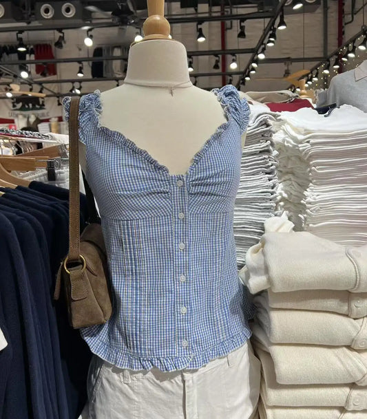 Blue Plaid Fungus T-shirt Women V Neck Single Breasted Puff Sleeve Slim Folds Tee Shirts Summer New Sweet Chic Casual Crop Tops