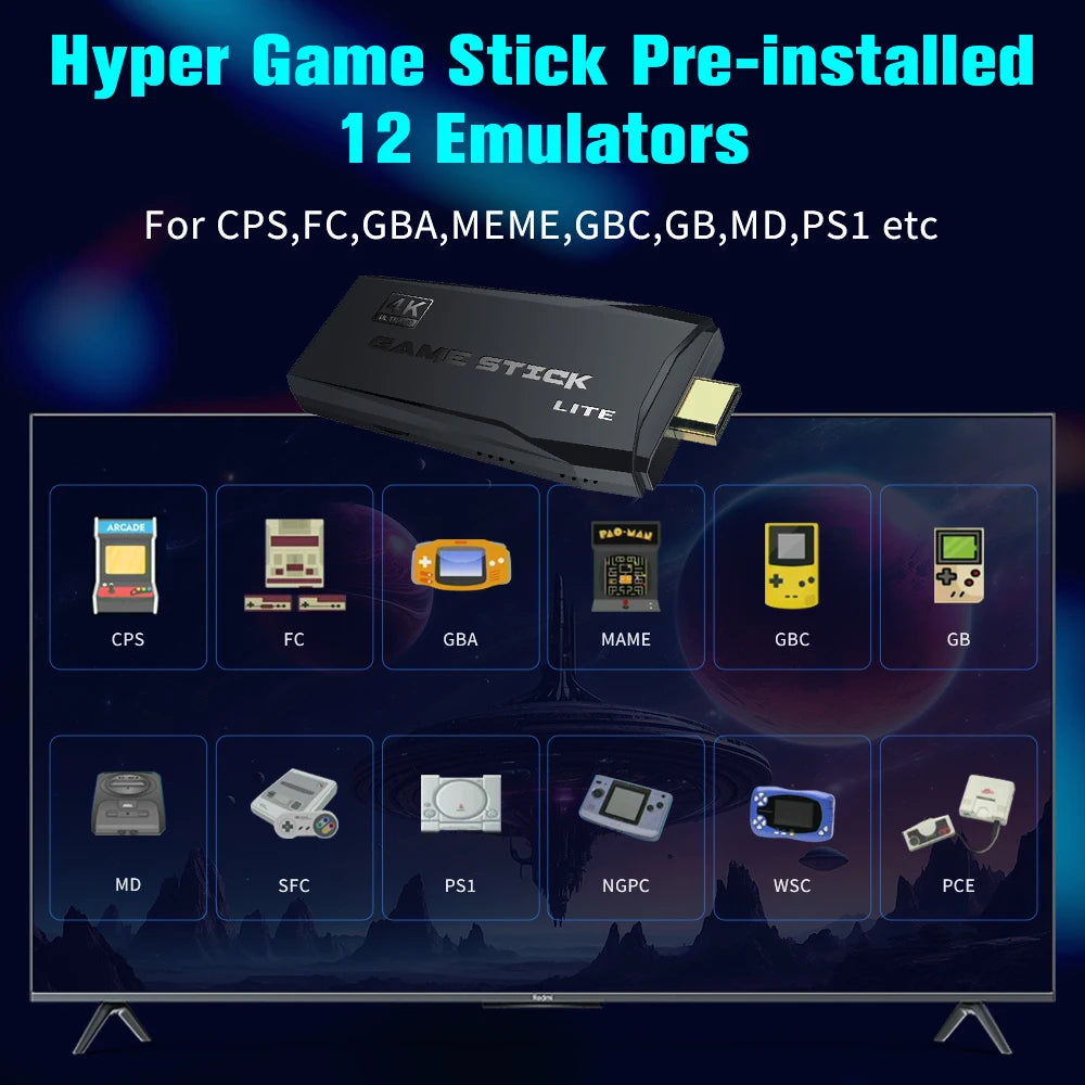 JMachen M8 Game Stick – 25,000+ Games, 4K HD, 64GB, 12 Emulators & 2.4G Wireless Controller | PS1/GBA/MAME