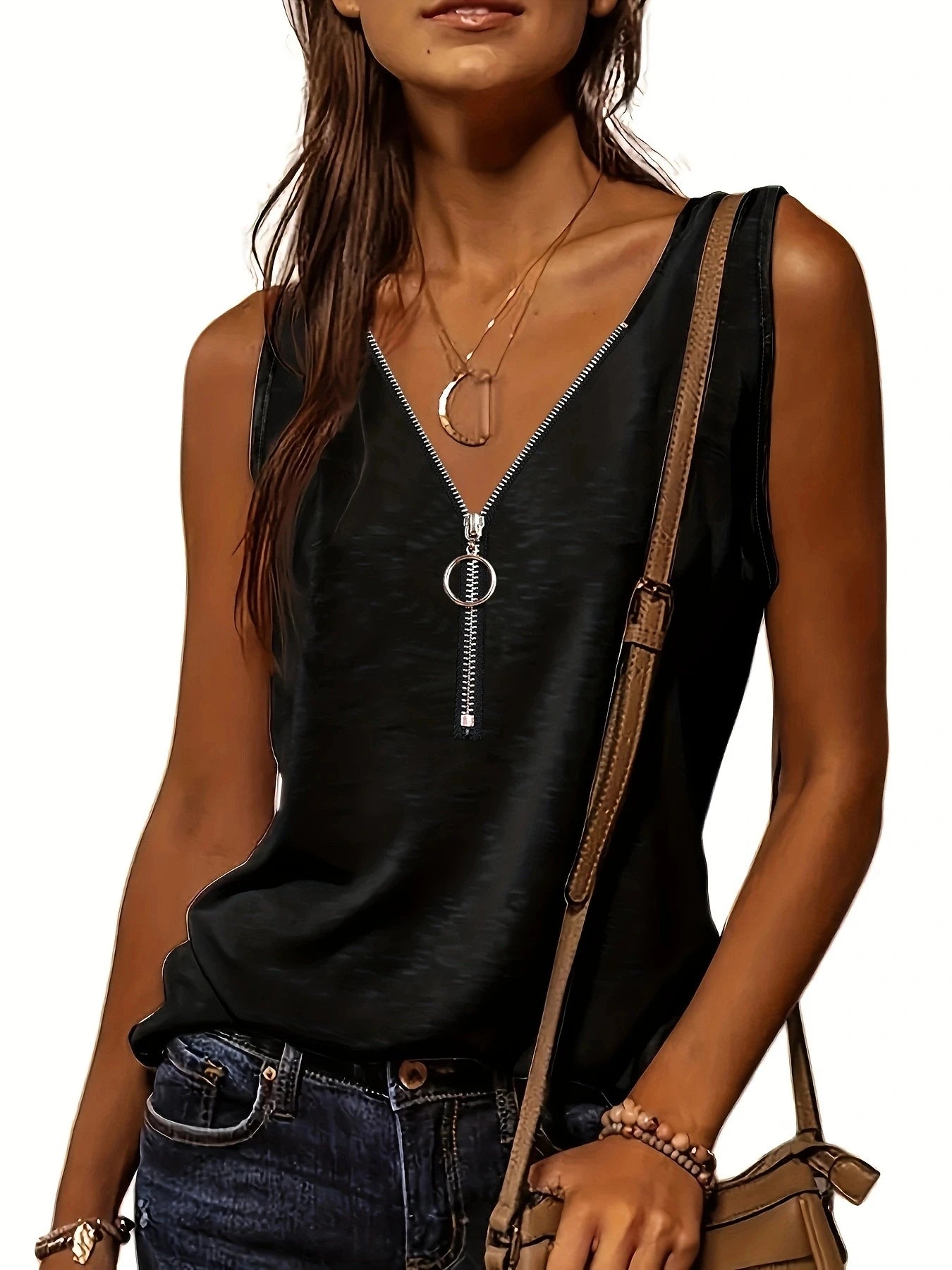 Versatile Women's V-Neck Half-Zip Tank Top - Casual All-Season Wear with Durable Stretch Fabric