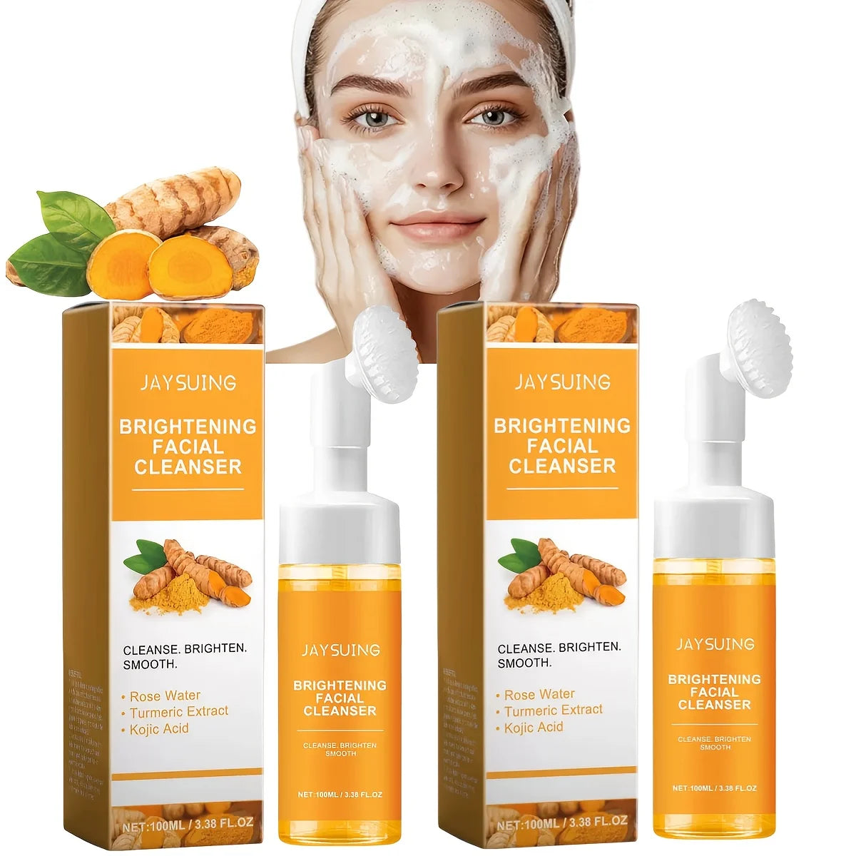 Turmeric Facial Cleanser - 2pcs Damascus Rose Water, Moisturizing Skin with Cleansing Brush Head