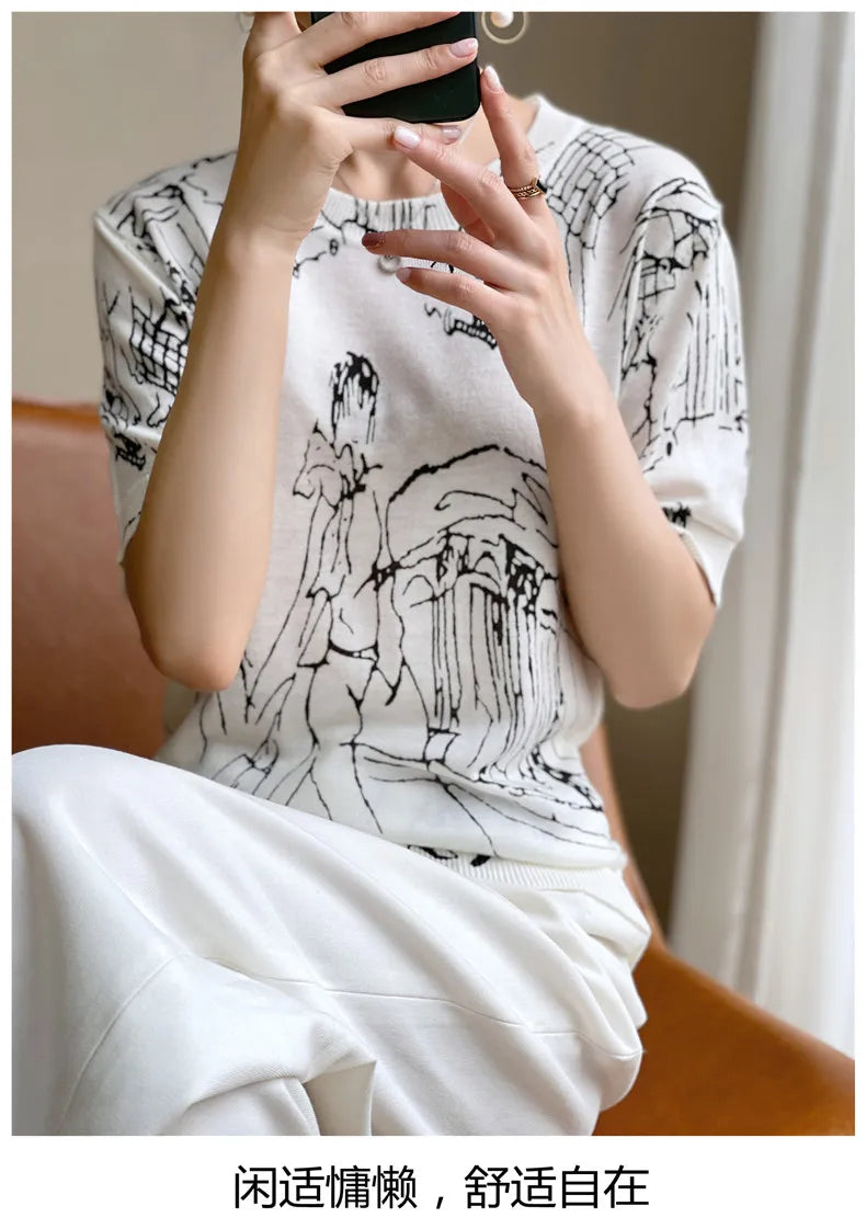 Summer Women's Thin Section Graffiti Digital Jacquard Round Neck Fine Imitation Wool Knitted Short-sleeved T-shirt  Pullover Top
