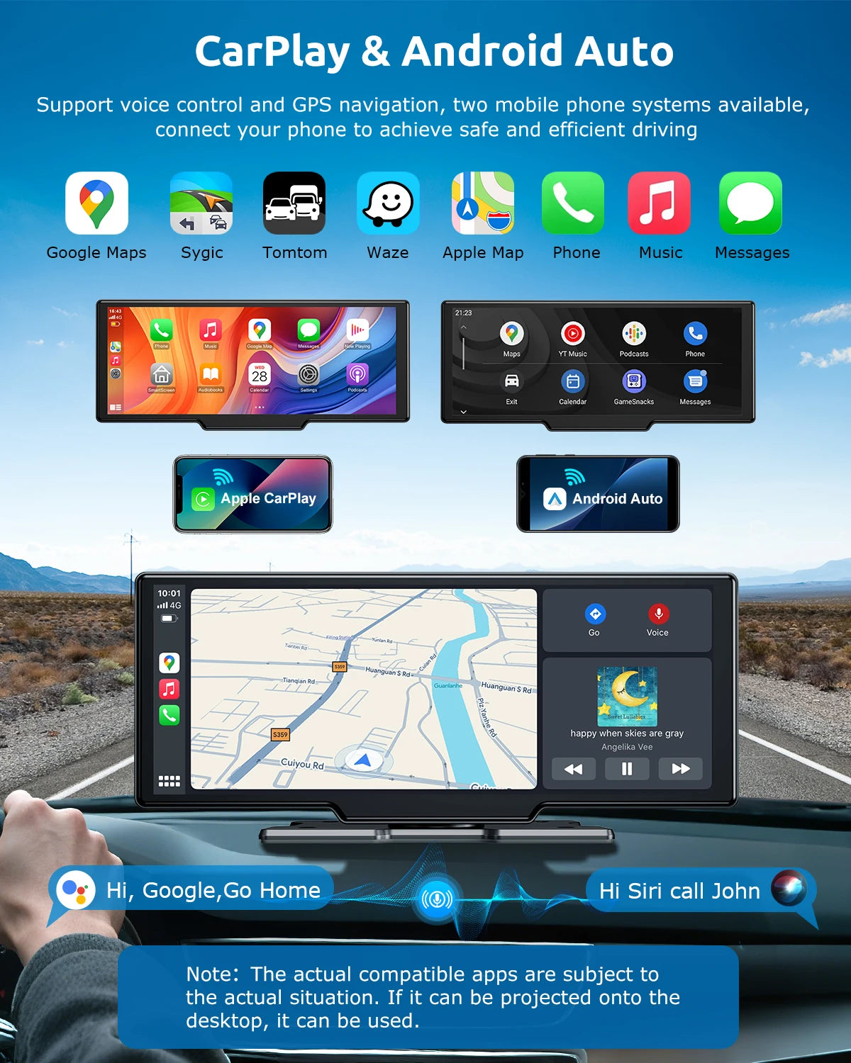 ESSGOO 10.26"4K 64G Portable Touch Screen Wireless Bluetooth Stereo CarPlay Android Auto Card Dual Lens Car Dash Cam FM AUX WIFI