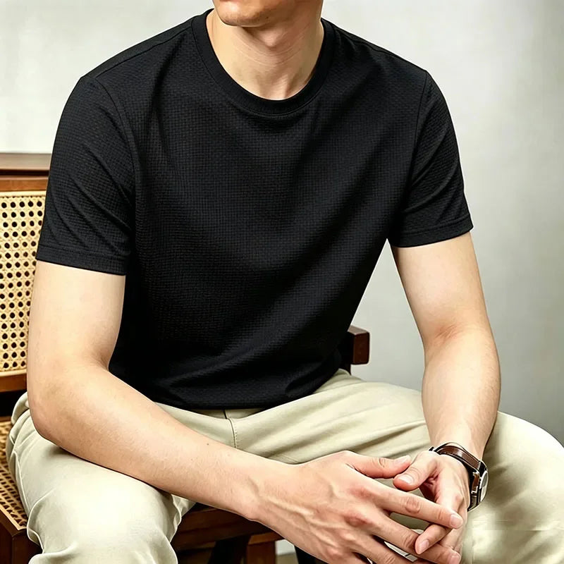Men's Waffle Jacquard Tee - Crew Neck, Cooling Breathable Knit