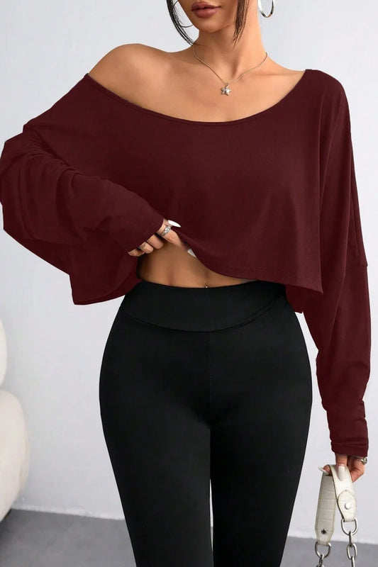 Spring 2026 Women's Loose Collar Base Fashion Crop T-Shirt Long Sleeve Casual Comfortable Line Neckline Solid Short Top