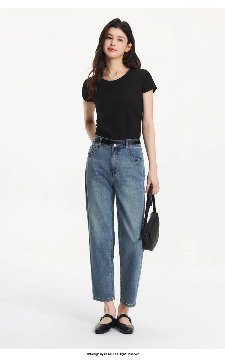 Semir Short Sleeve T-Shirt Women Cropped Slim Fit Shoulder Fit Design 2026 New Summer Embroidered Top Versatile for Chic Outfits