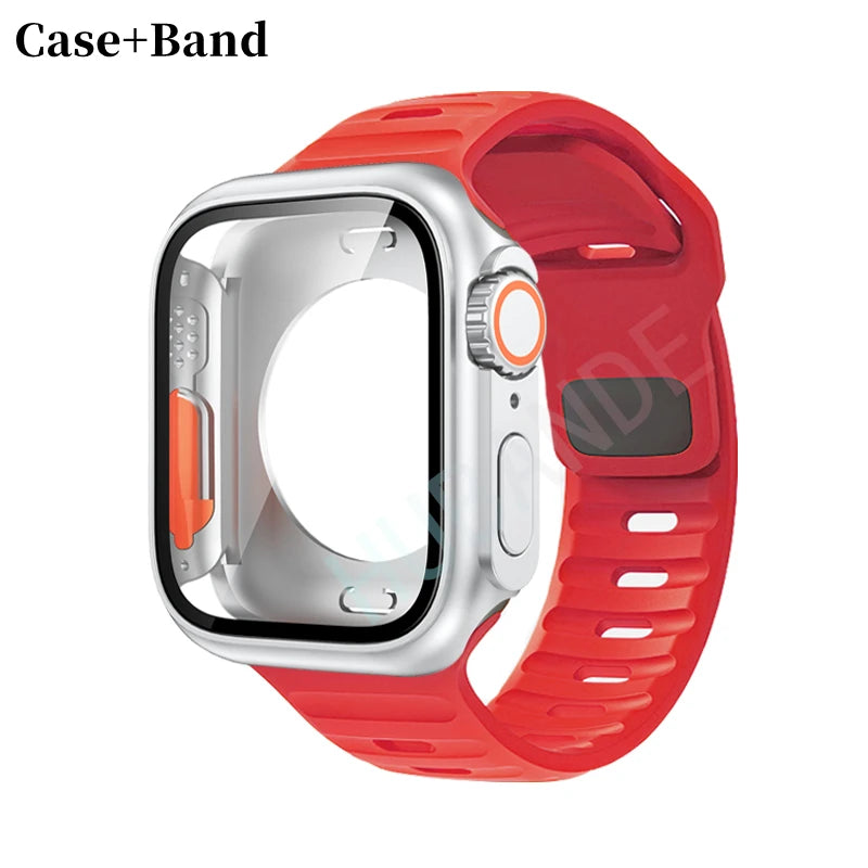 Silicone strap For Apple Watch 44mm 45mm 41mm 40mm Bracelet+Screen protectores Change to Ultra For iWatch Series 9 8 7 SE 6 5 3