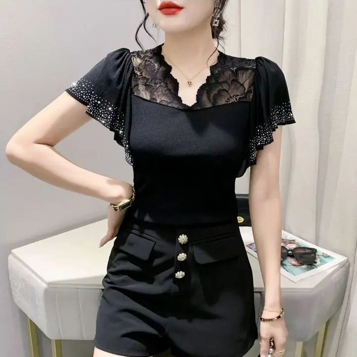 Women Casual Diamonds Lace T Shirts Summer 2026 Korean Fashion Y2k Clothes Slim V Neck Harajuku Sexy Ladies Streetwear Tops Tees