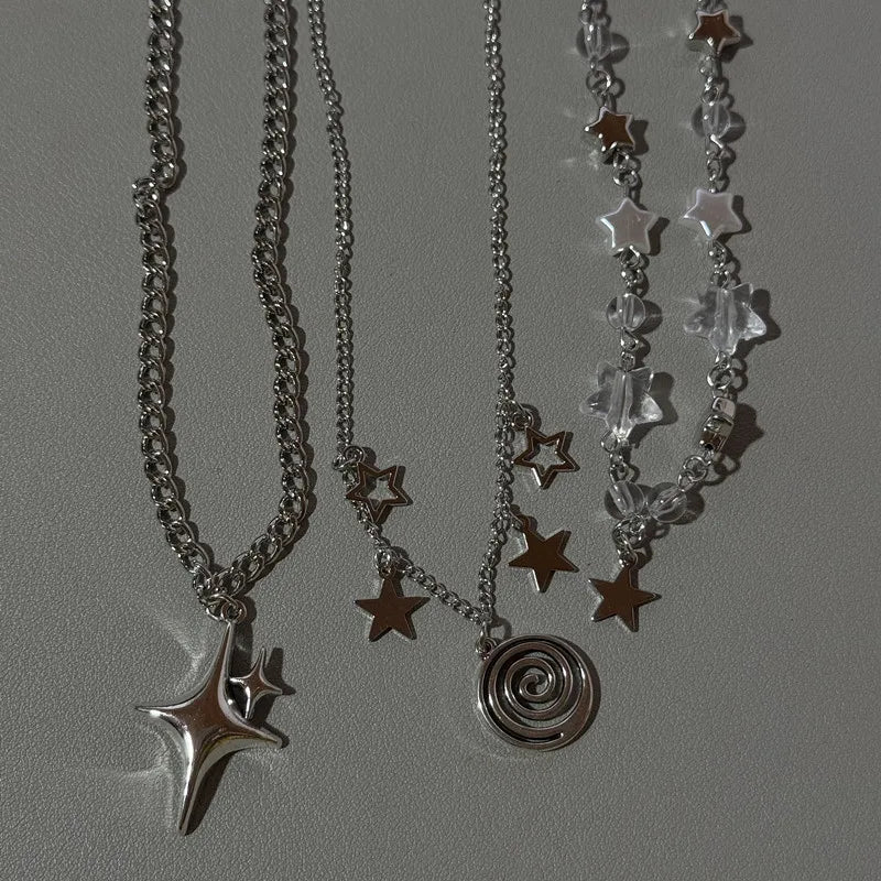 Stainless Steel Spiral Pendant Necklace — Layered Star Choker