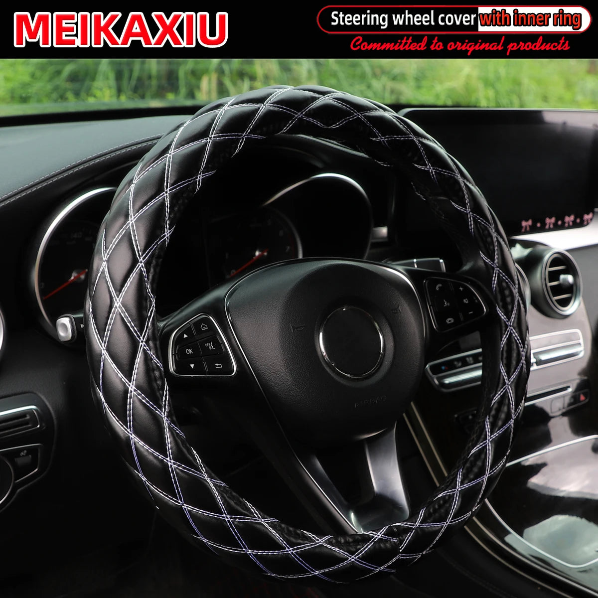 Diamond-Pattern Embroidered PU Sheepskin Steering Wheel Cover Foldable Inner Ring for O-Shaped/D-Shaped Cars - 36/37/38CM