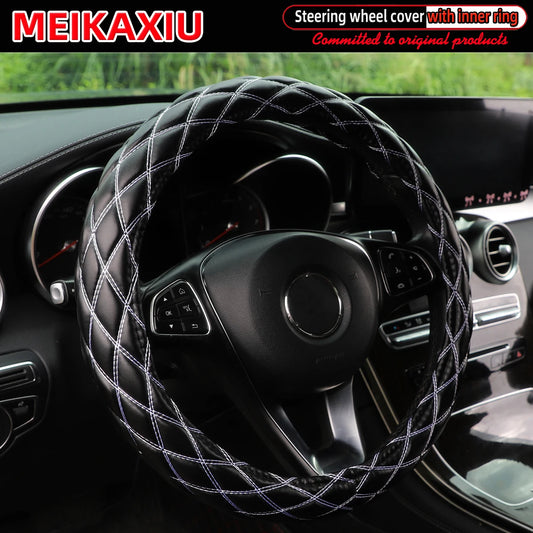 Diamond-Pattern Embroidered PU Sheepskin Steering Wheel Cover Foldable Inner Ring for O-Shaped/D-Shaped Cars - 36/37/38CM