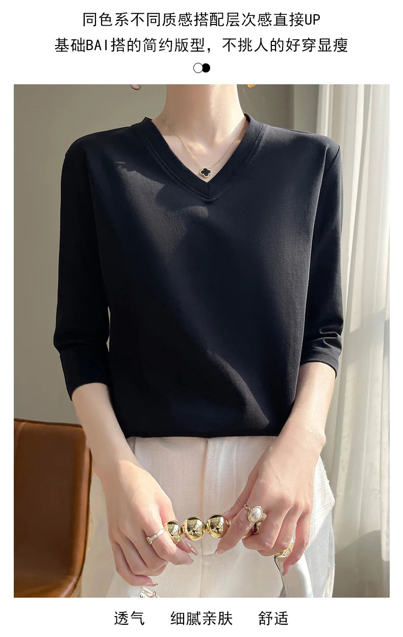 Spring And Summer New Cotton V-neck T-shirt Short-Sleeved Women's Half-Sleeve Bottoming Shirt High-End Cropped Sleeve Top