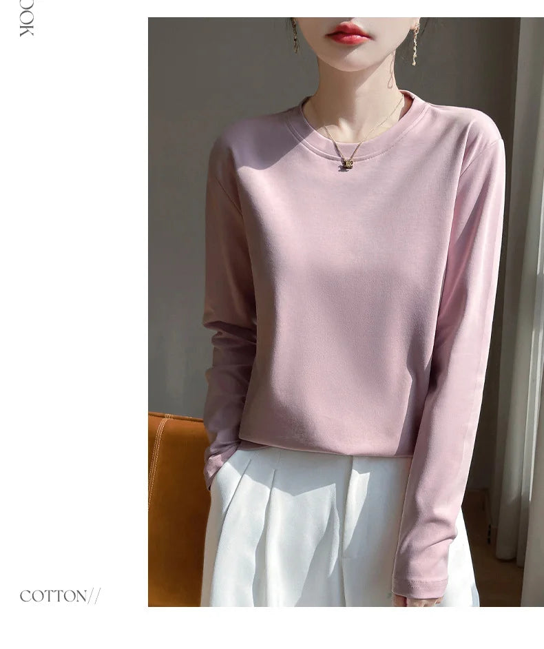 Spring And Summer New Mercerized Cotton Long Sleeve T-shirt Women's Round Neck Loose 100% Cotton Bottoming T-shirt