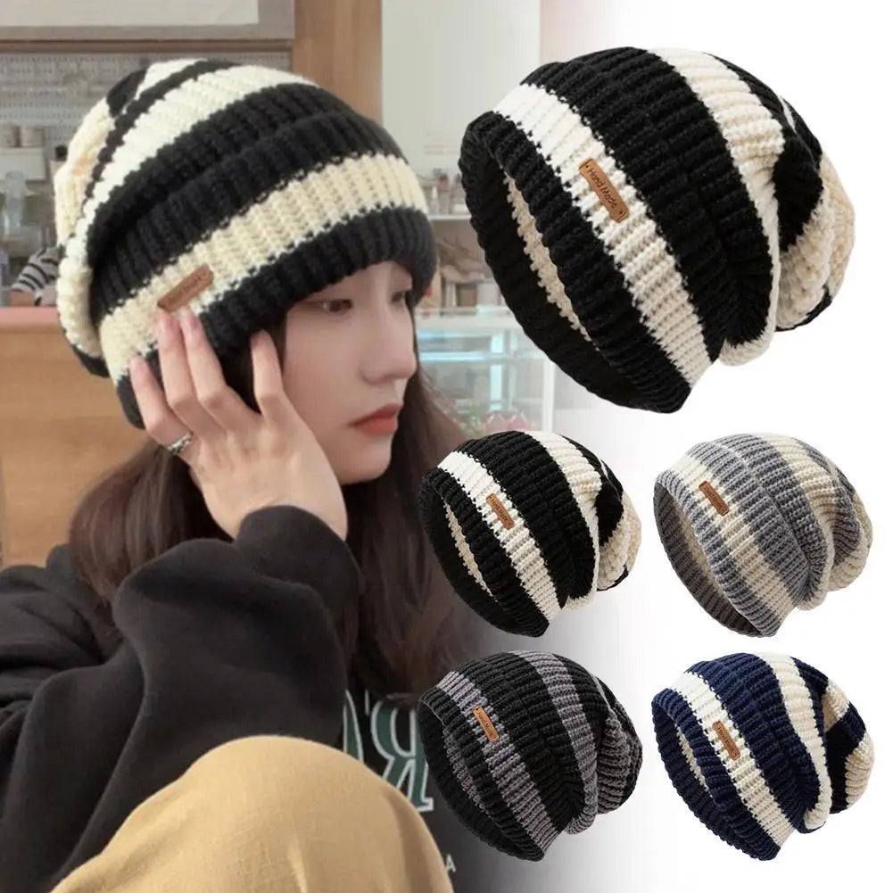 Women's Striped Baggy Beanie - Retro Knit Ear Covering Hat