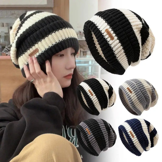 Women's Striped Baggy Beanie - Retro Knit Ear Covering Hat