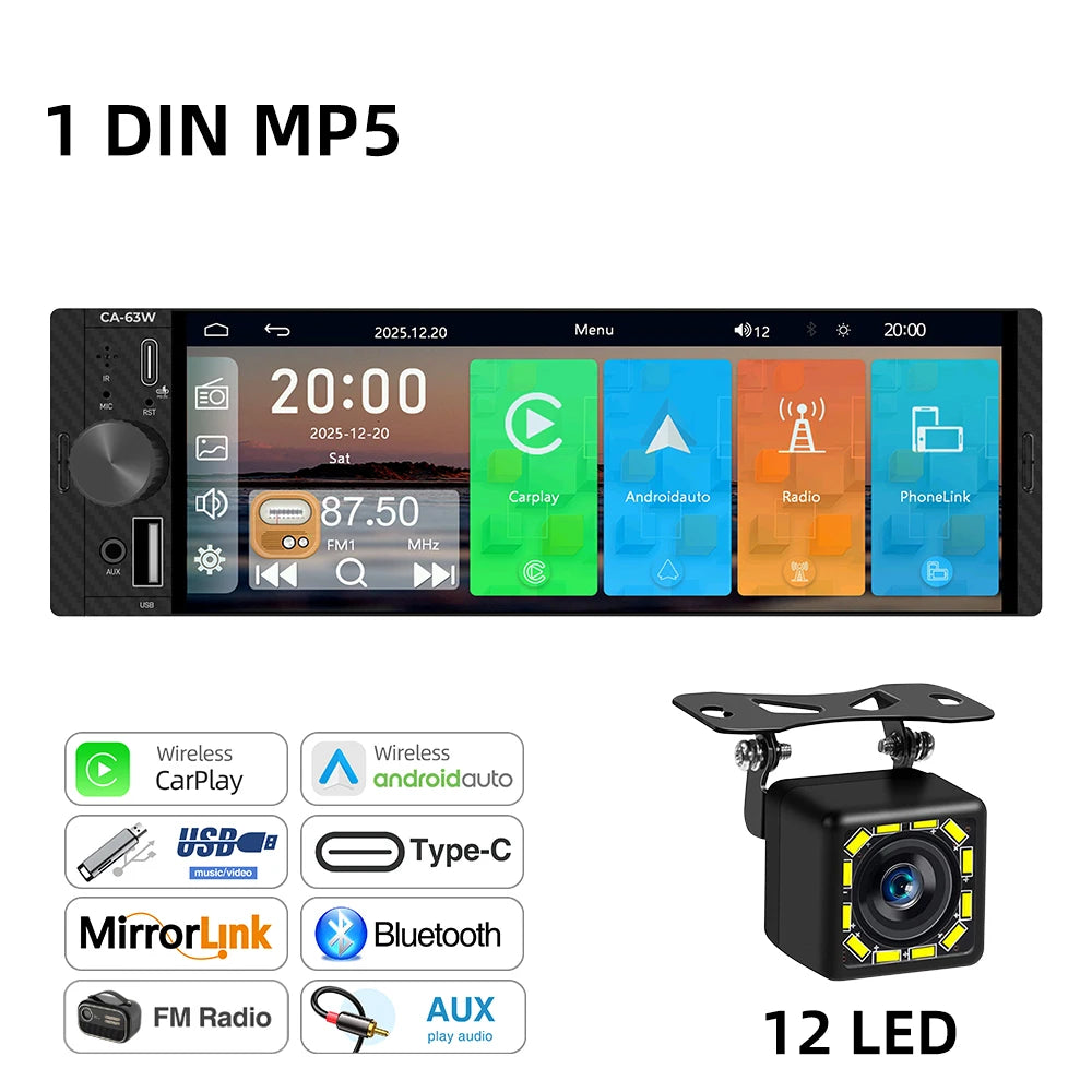 6.5 Inch 1Din MP5 Player Stereo Wireless Carplay Android Auto Airplay Car Radio Bluetooth FM EQ Type-C PD3.0 Fast Charging