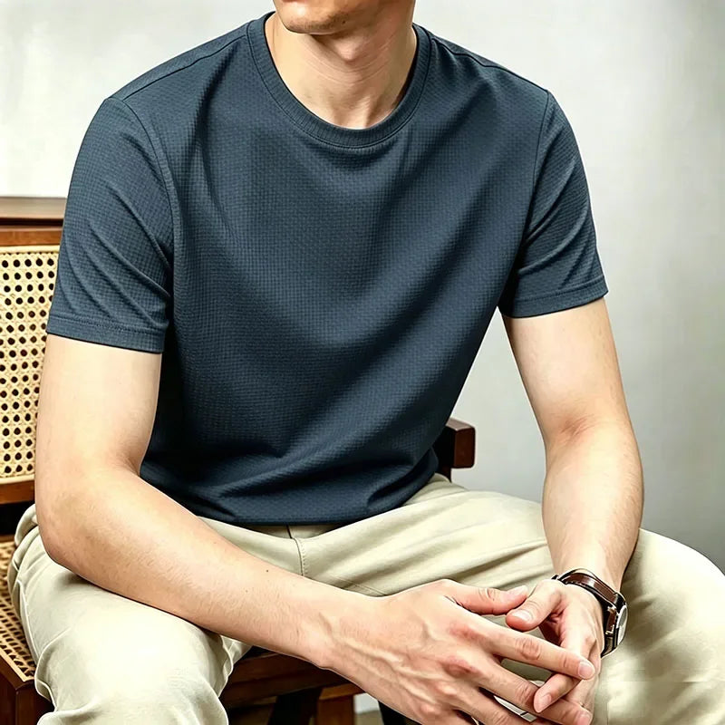 Men's Waffle Jacquard Tee - Crew Neck, Cooling Breathable Knit