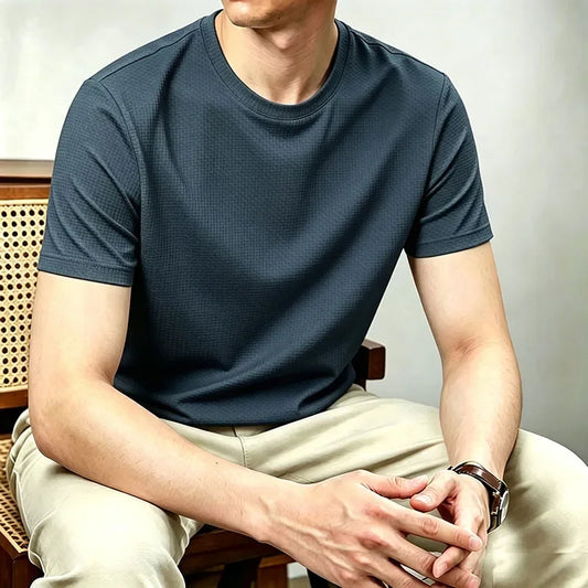 Men's Waffle Jacquard Tee - Crew Neck, Cooling Breathable Knit
