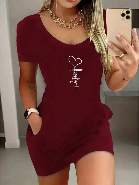 2026 New Women's Sexy Heart-Shaped Round Neck Short-Sleeved Dress and Skirt, Suitable for Summer Wear