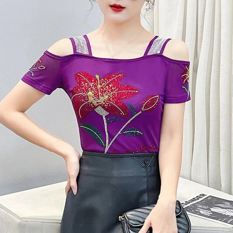 Women's Off-Shoulder Rhinestone Mesh Top