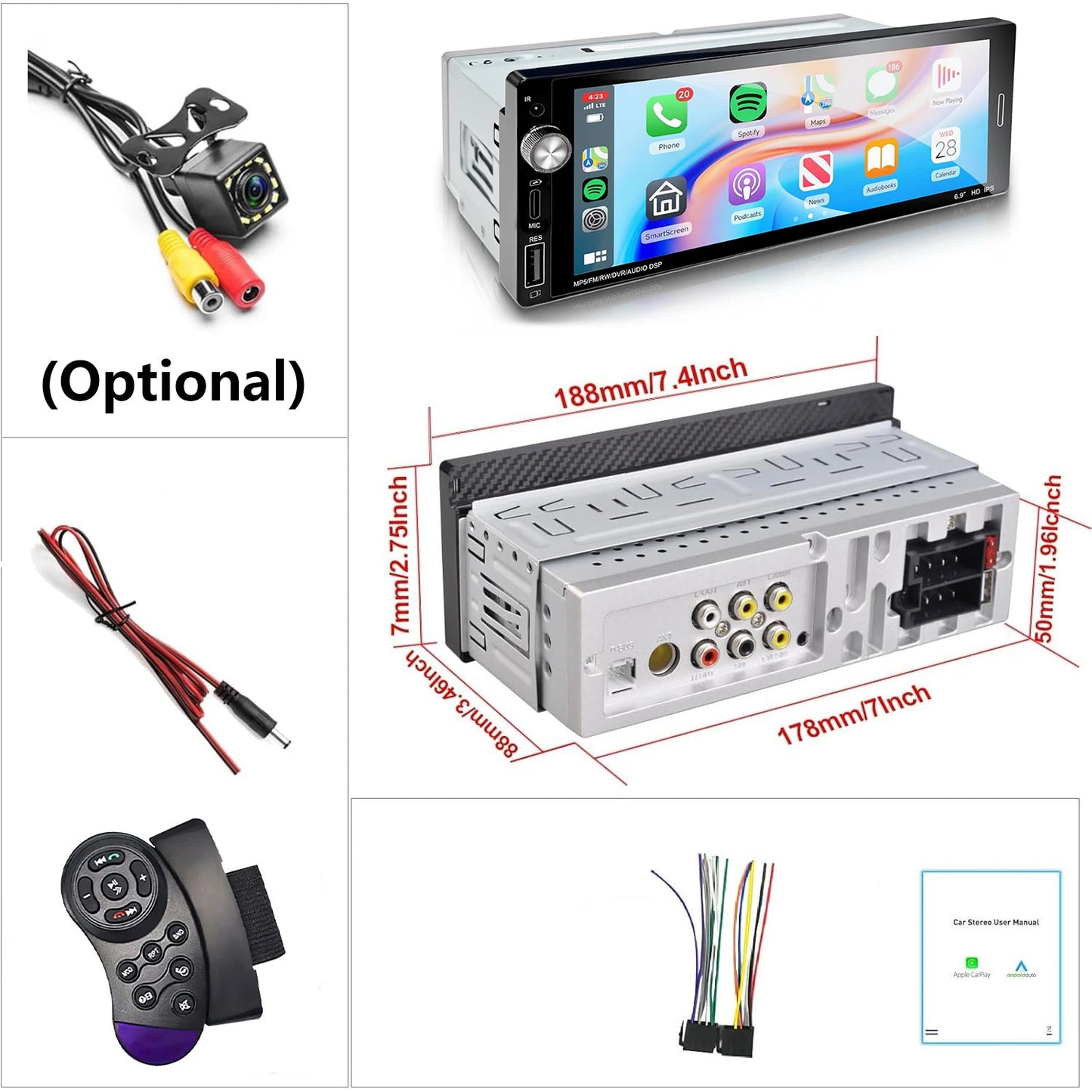 6.9" 1-DIN Car Stereo — Wireless & Wired CarPlay, Android Auto, USB-C Fast Charging, FM Radio