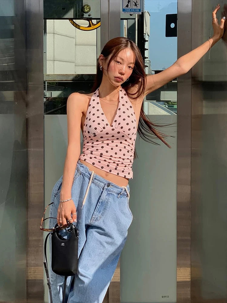 Women's Polka Dot Halter Tank Top – Lace-Up Backless V-Neck Skinny Y2K Streetwear Vest
