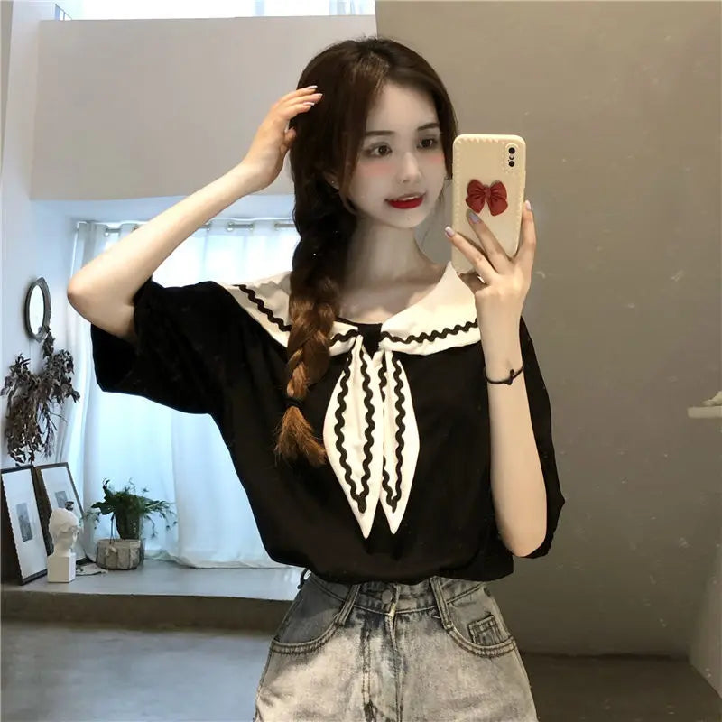 Sailor Collar T-shirts Women Baggy Kawaii Clothes Panelled Temper Designer Aesthetics Japanese Stylish Summer Vintage Футболка
