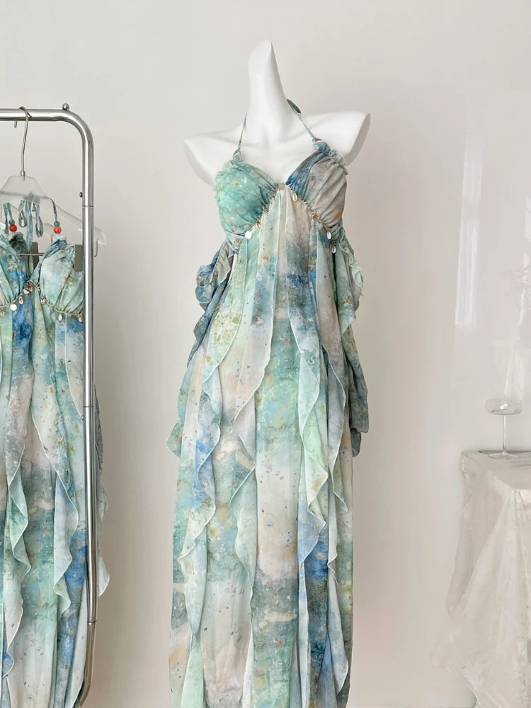 2026 Elegant Halter Neck Ruffled Maxi Dress Women Blue Green Floral Print Bohemian Design Beach Vacation Casual Party Dress New