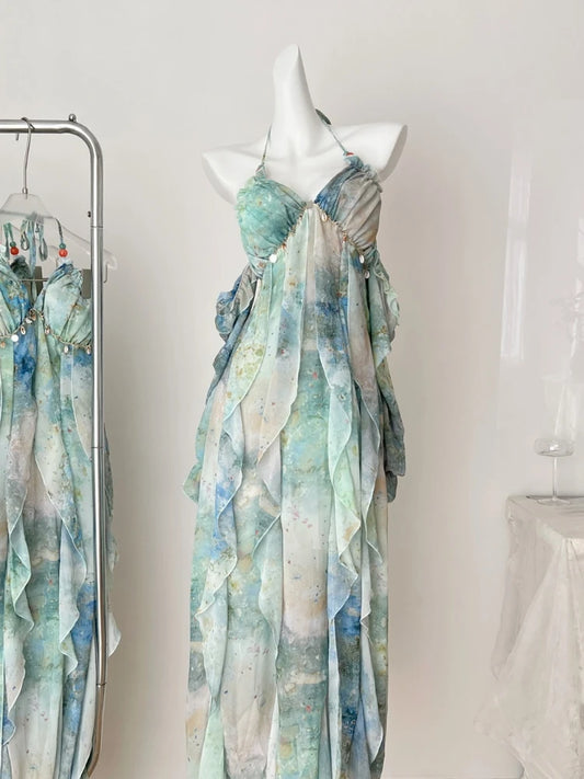2026 Elegant Halter Neck Ruffled Maxi Dress Women Blue Green Floral Print Bohemian Design Beach Vacation Casual Party Dress New