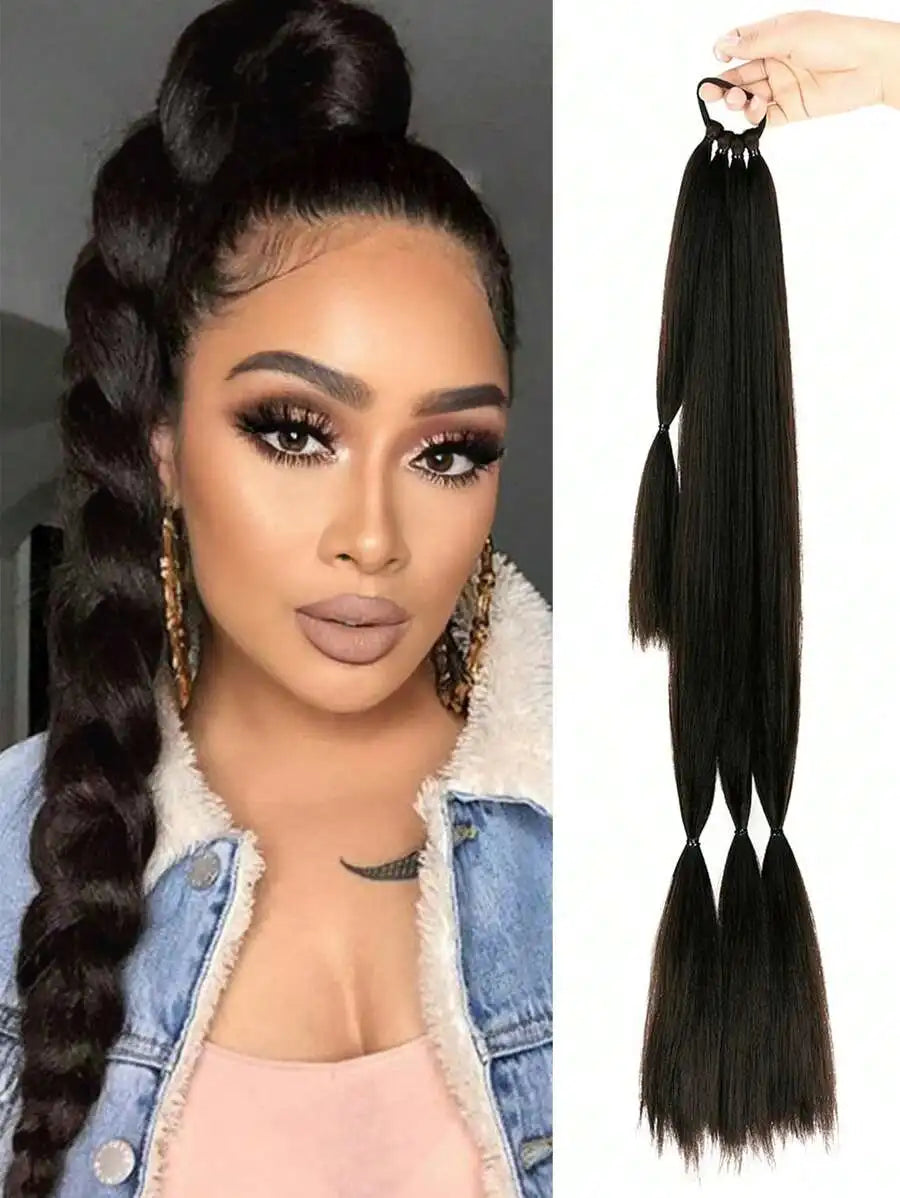 Long Braided Ponytail Hair Extensions With Hair Tie, Straight Wrap-Around Synthetic Hair, Natural Soft