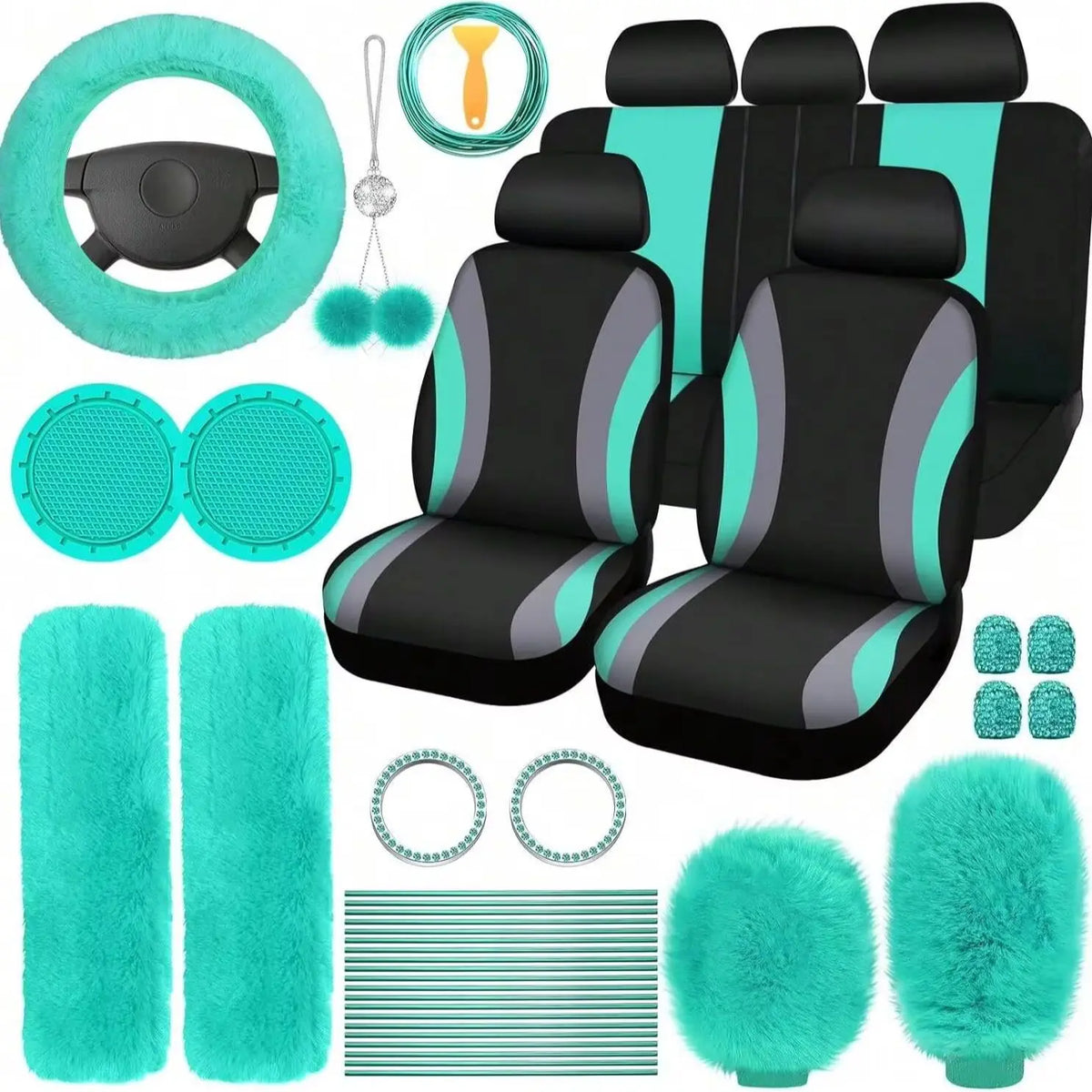 35-Piece Luxury Car Seat Cover Set - Soft Fluffy Steering Wheel Cover, Universal Safety Belt Protectors, Gear Shift Cover, Fashionable Interior Accessories For Women - Premium Polyester Fiber, Easy To Install, Stylish, And Pr