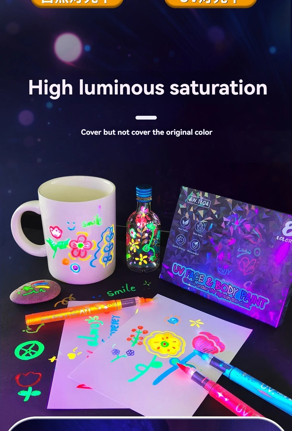 8 Colors/set Neon UV Fluorescent Acrylic Paint Pens, Paint Markers, Glow in The Dark Bright DIY Luminous Marker Pen Art Supplies