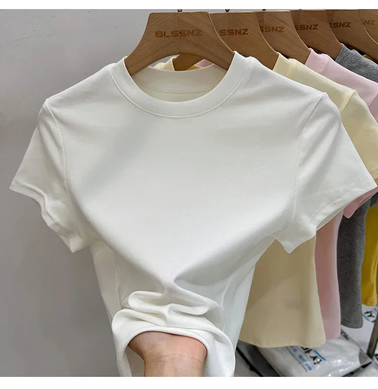 Zjaiss 2026 O-Neck Fashion T-Shirt Summer Sexy Basic Top Solid Short Sleeve Womens Tshirt Casual Korean Tee Streetwear