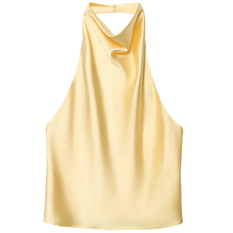 Women's Satin Halter Crop Top — Off-Shoulder Backless Sleeveless Cami