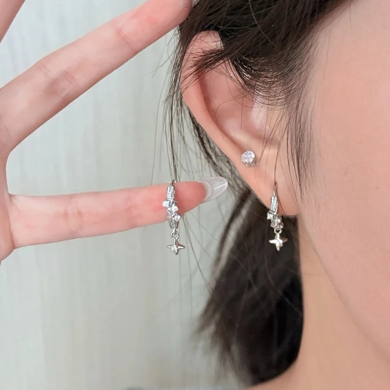 Four-Star Hoop Earrings — Zircon Circle Studs for Women