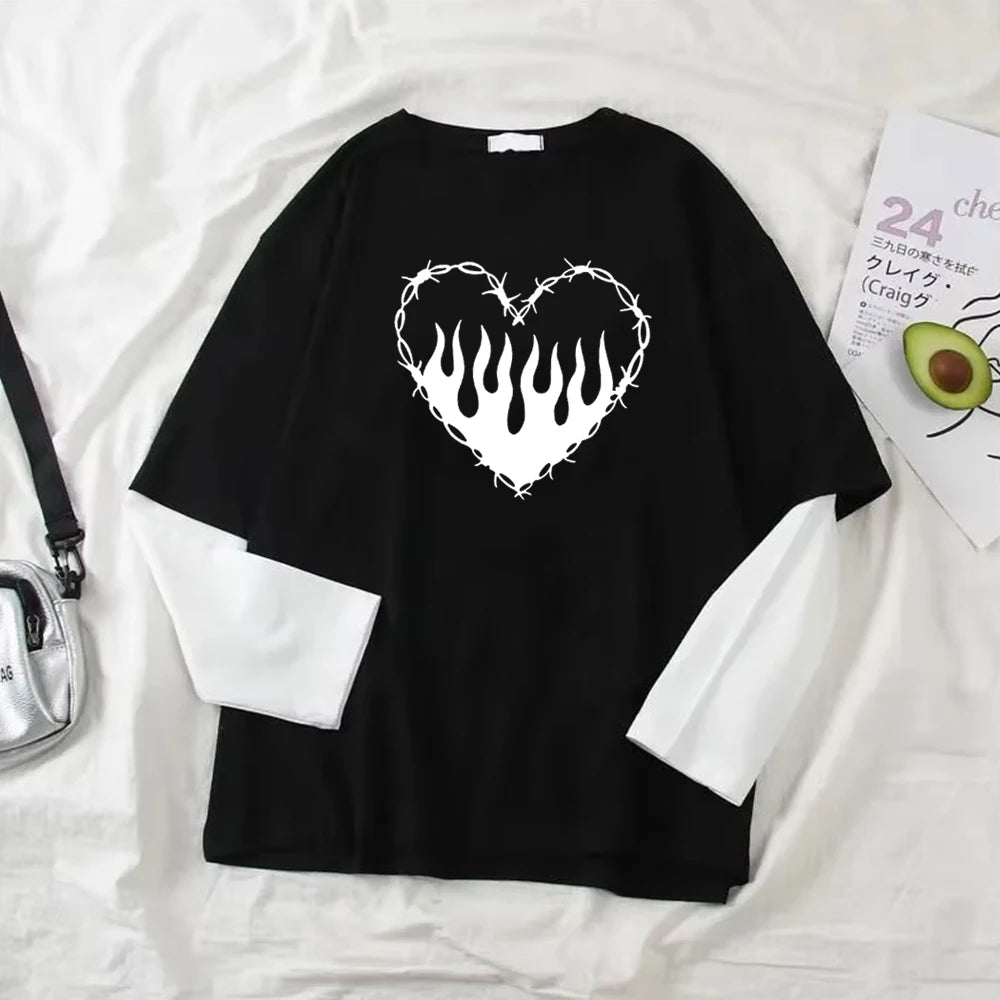 Fashion Punk Dark Style Printed Round Neck T-shirt Y2K Sport Harajuku Thin Women's Top Long Sleeves T Shirt Outdoor Loose Shirt