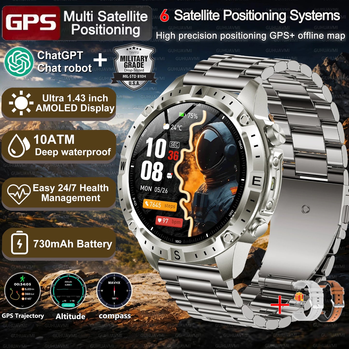Military-Style GPS Smart Watch — Offline Maps, 10ATM, 2GB RAM