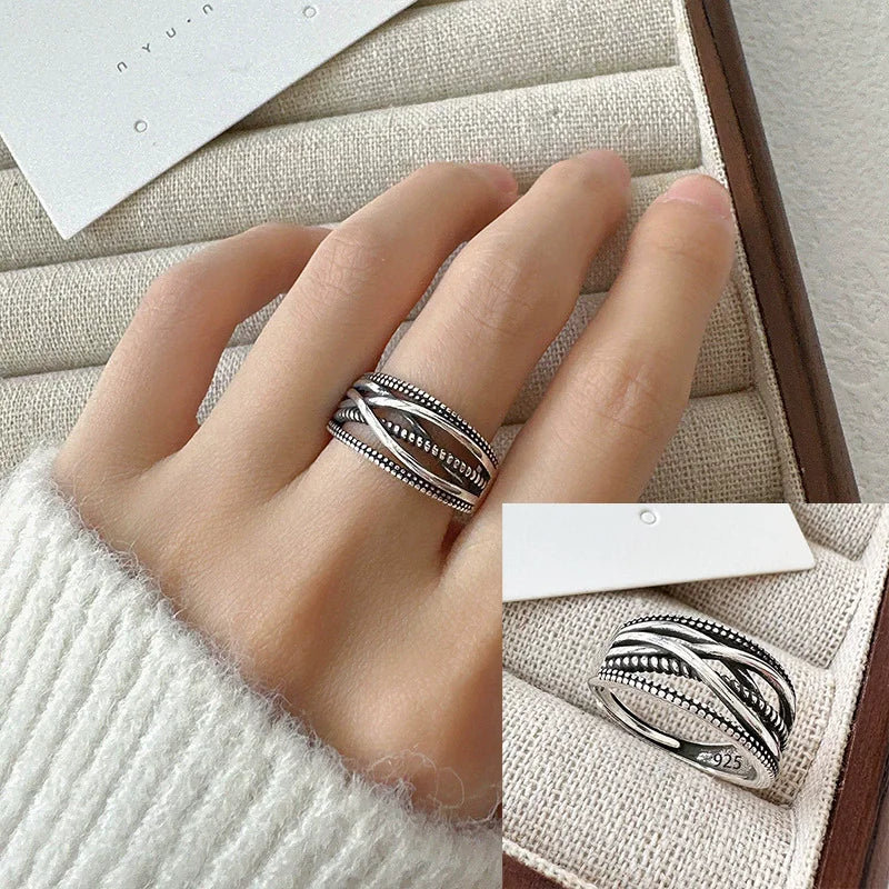 PANJBJ 925 Sterling Silver Hollow Out Rings For Women Three Layered Cross Punk Irregular Vintage Jewelry Gift Dropshipping