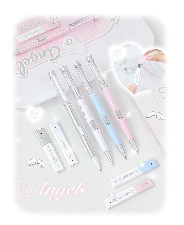Angel Automatic Pencil Set 0.5HB Glitter Crystal Mechanical Pencil Push Button Cute Student Writing Tools Kawaii School Supplies