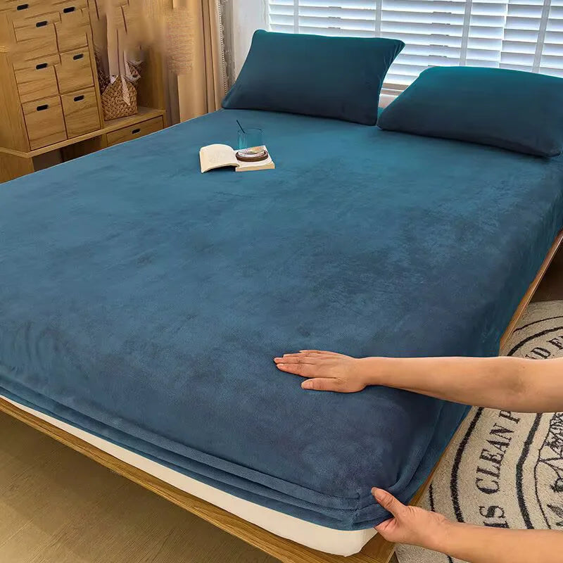 Soft warm plush fitted sheet elastic mattress cover fluffy coral fleece bed linen winter couple luxury double bed bedding﻿﻿