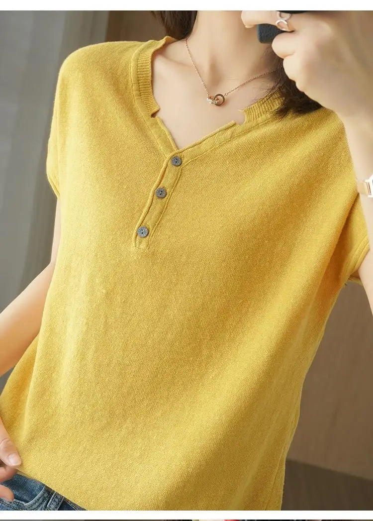 Summer 100% pure cotton women's T-shirt V-neck knitted short sleeved loose Tees solid color pullover button Tops basic versatile