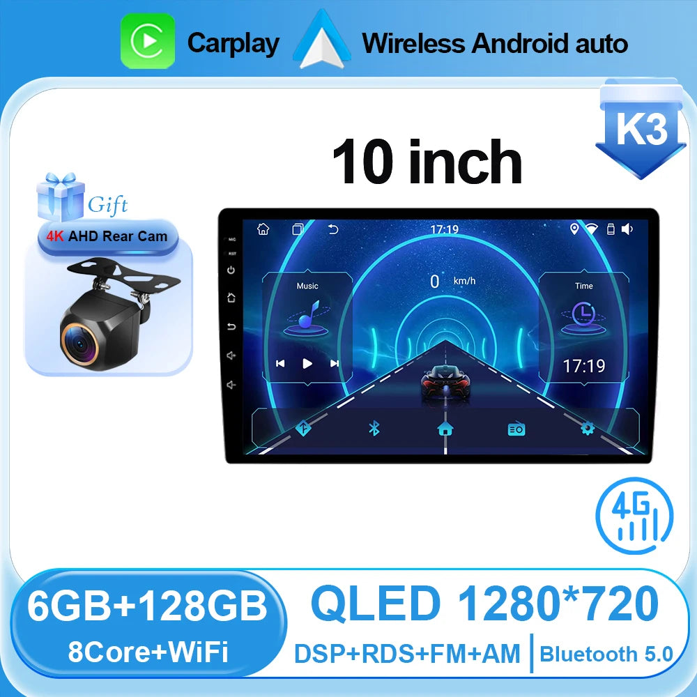Universal 2-DIN Android Car Stereo (9"/10") — CarPlay, Android Auto, GPS, QLED Screen, Bluetooth