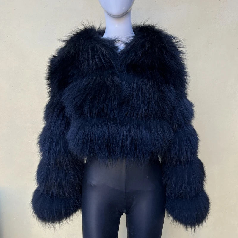 Women's Short Raccoon Fur Coat, Winter Jacket