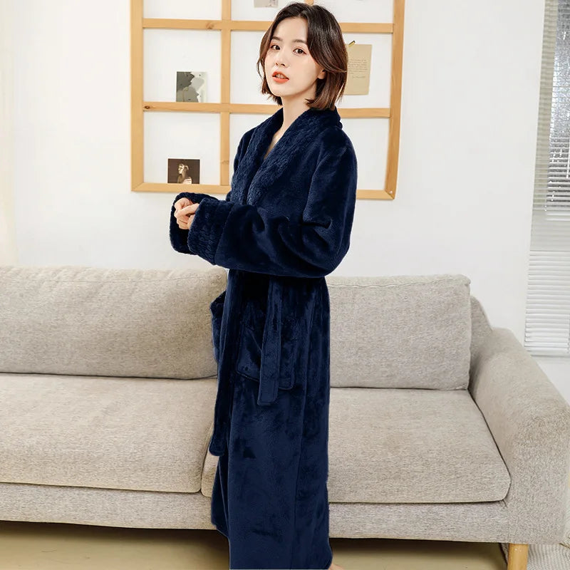 Couples Flannel Robe, Long Warm Fleece Bathrobe for Men and Women