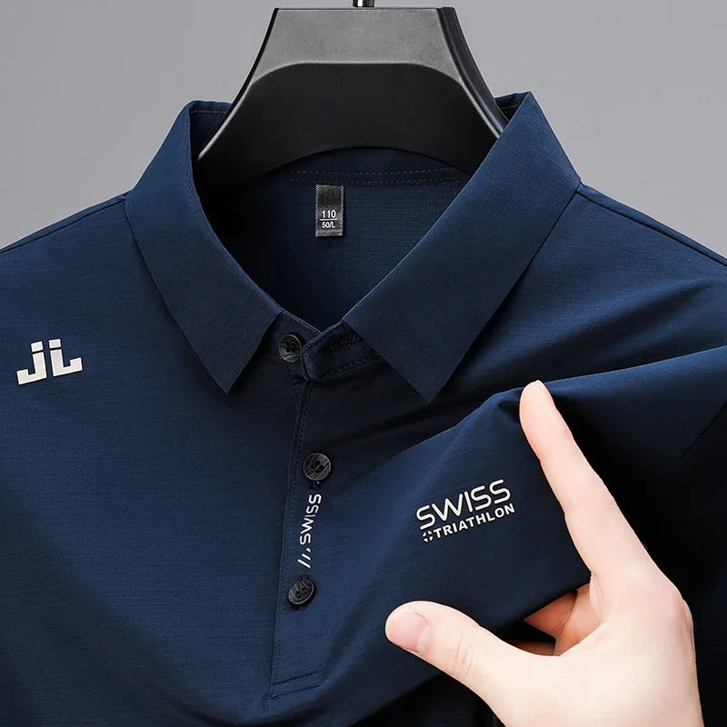 Men's Badge Polo Shirt - Solid Color, Breathable Business Casual