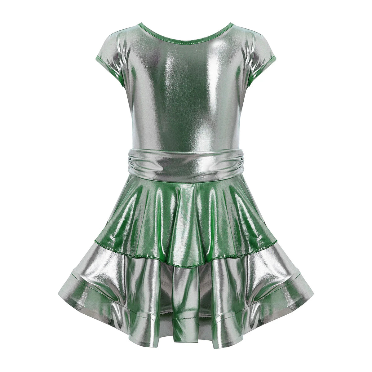 Girls cap-sleeve tiered metallic Latin dress